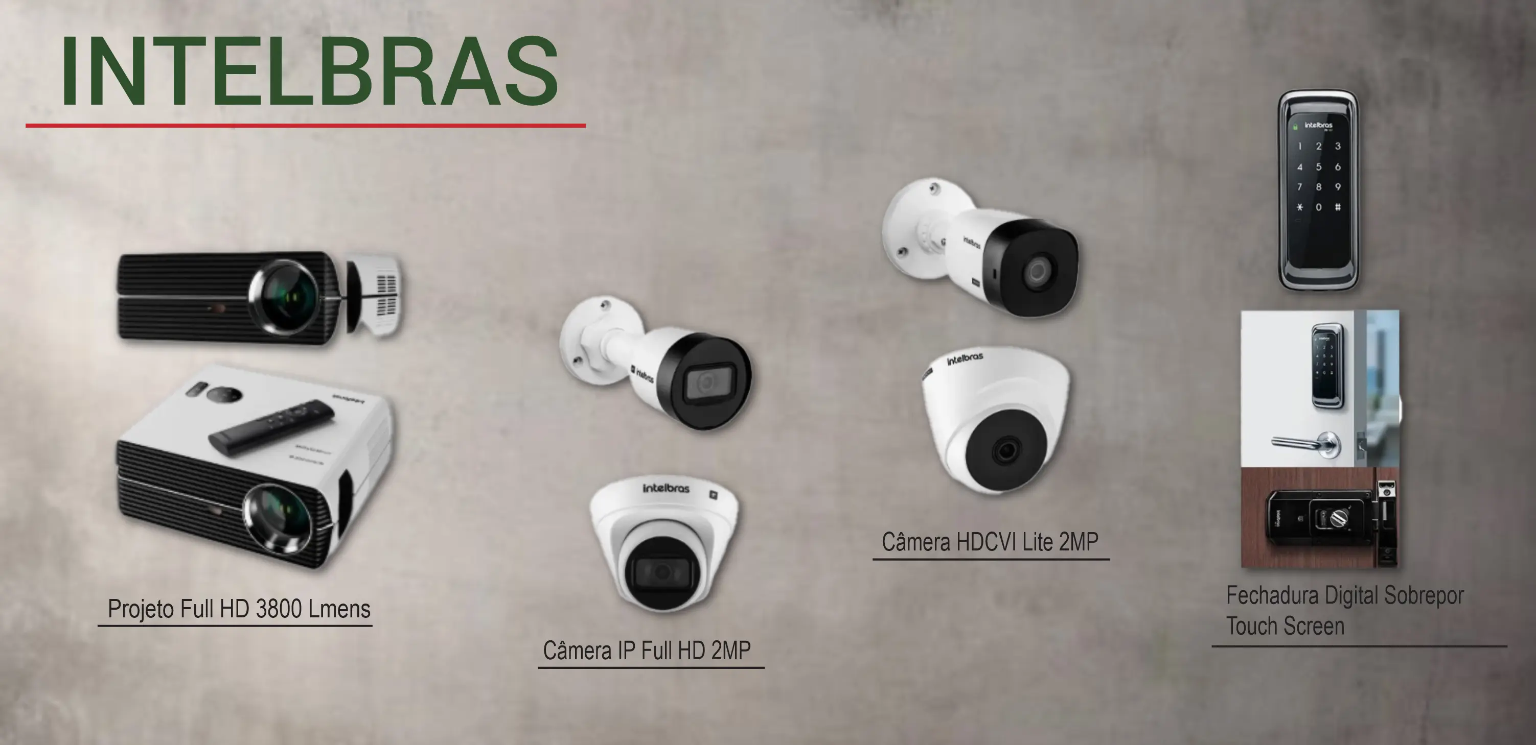 Imagem de cameras, travas eletronicas e projetores.